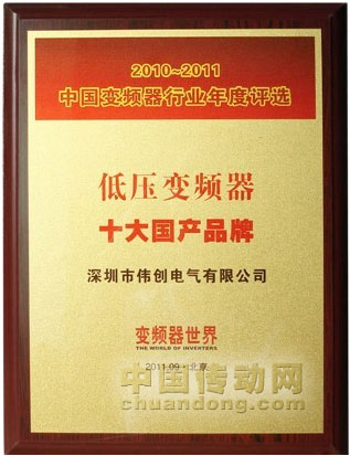 偉創(chuàng)電氣榮獲2010~2011年度“中國低壓變頻器十大國產(chǎn)品牌”稱號