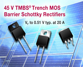 Vishay發(fā)布12個采用不同封裝的45VTMBS®TrenchMOS勢壘肖特基整流器